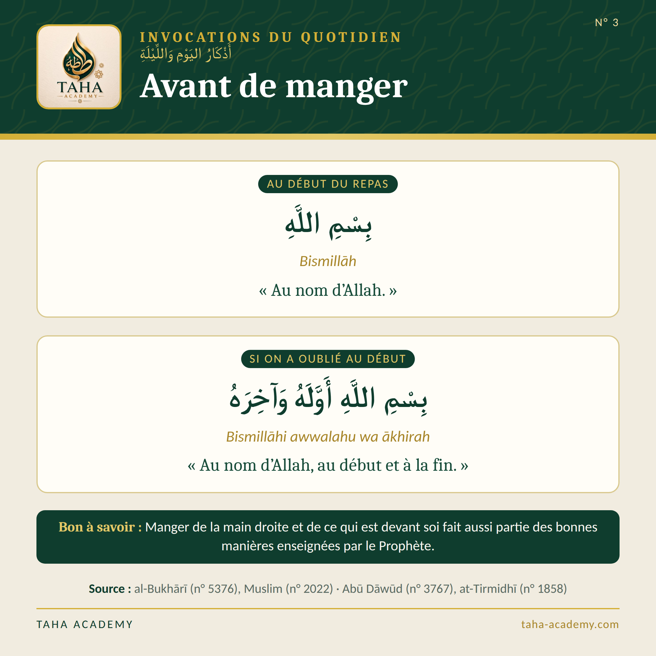 Invocations du quotidien n° 3 : Avant de manger