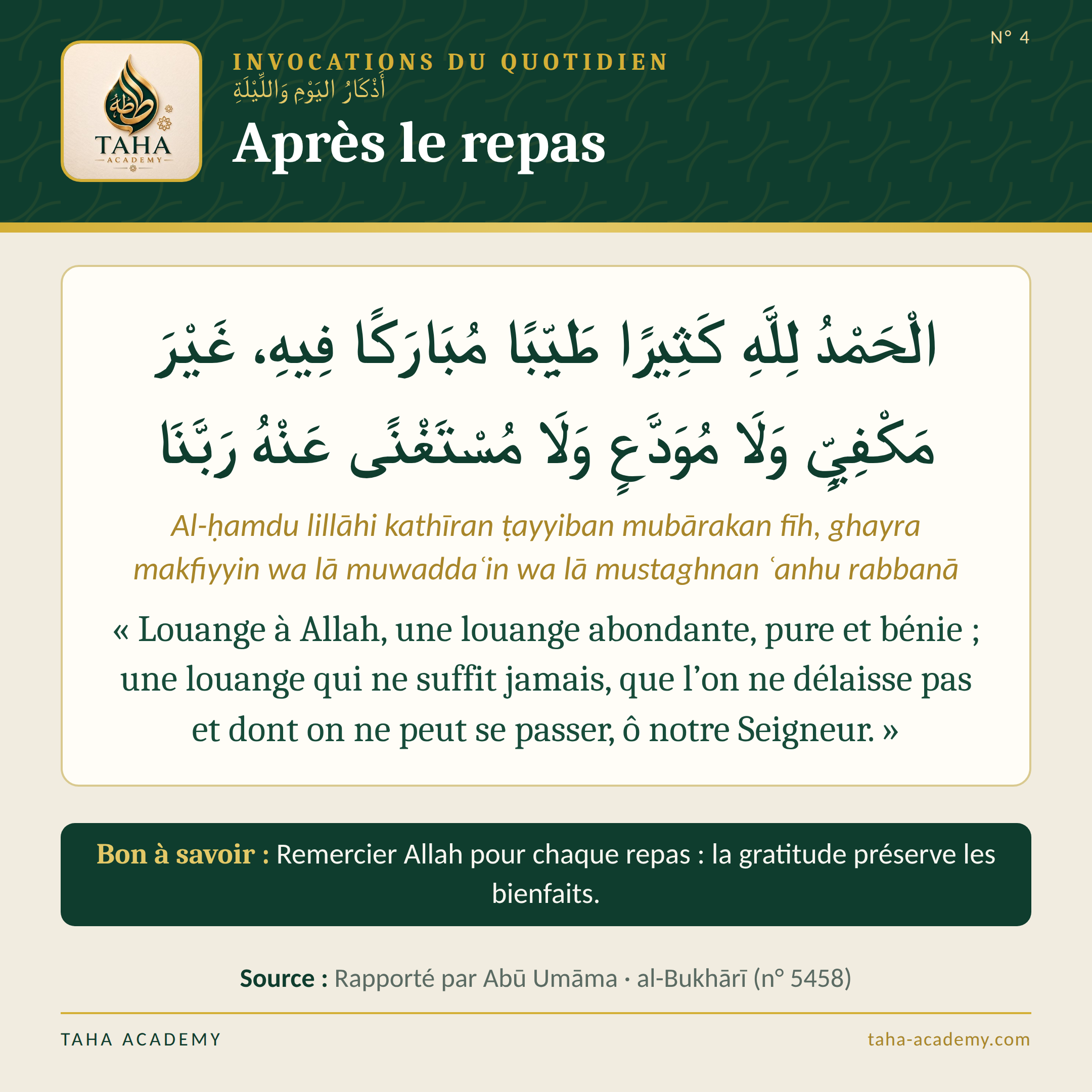 Invocations du quotidien n° 4 : Après le repas