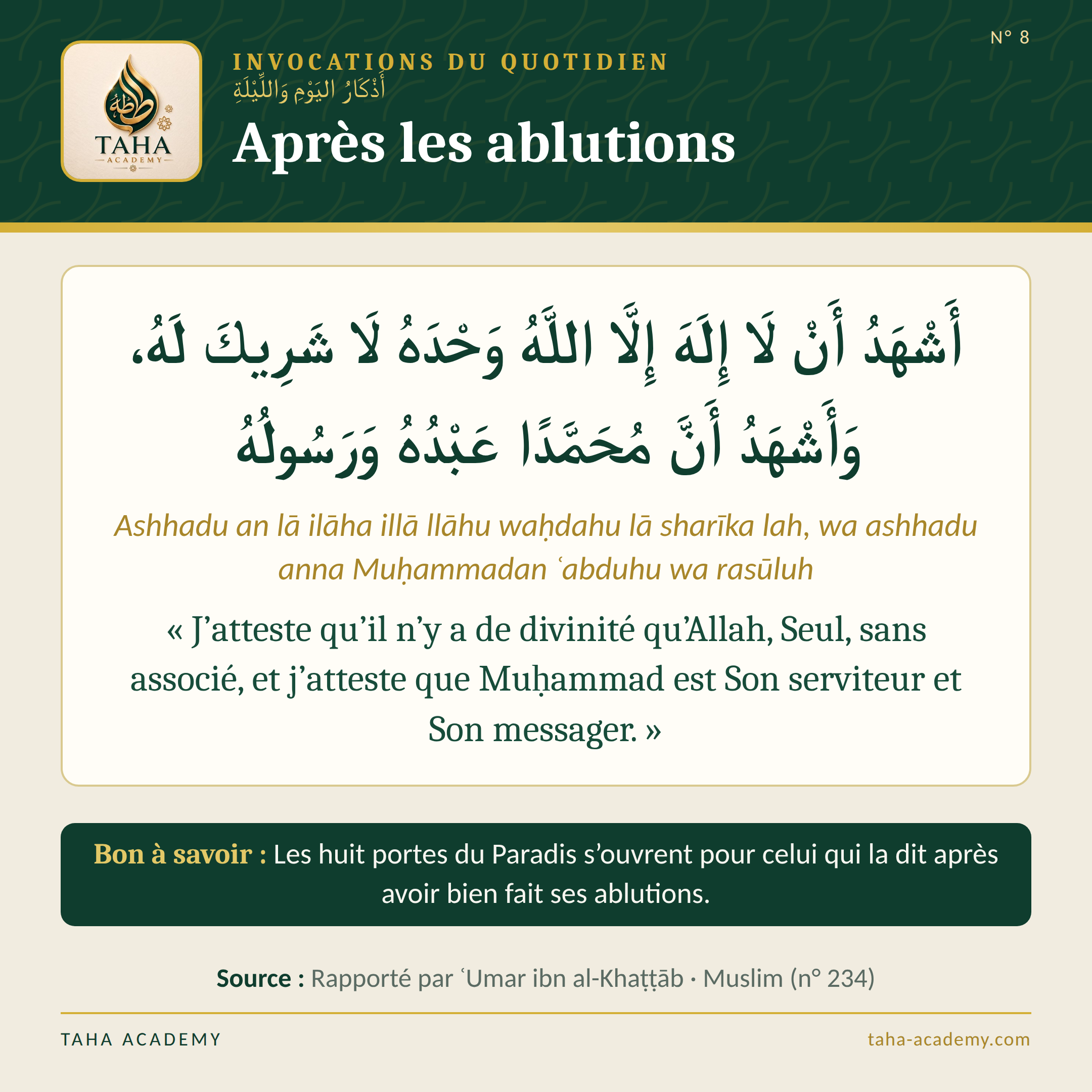 Invocations du quotidien n° 8 : Après les ablutions