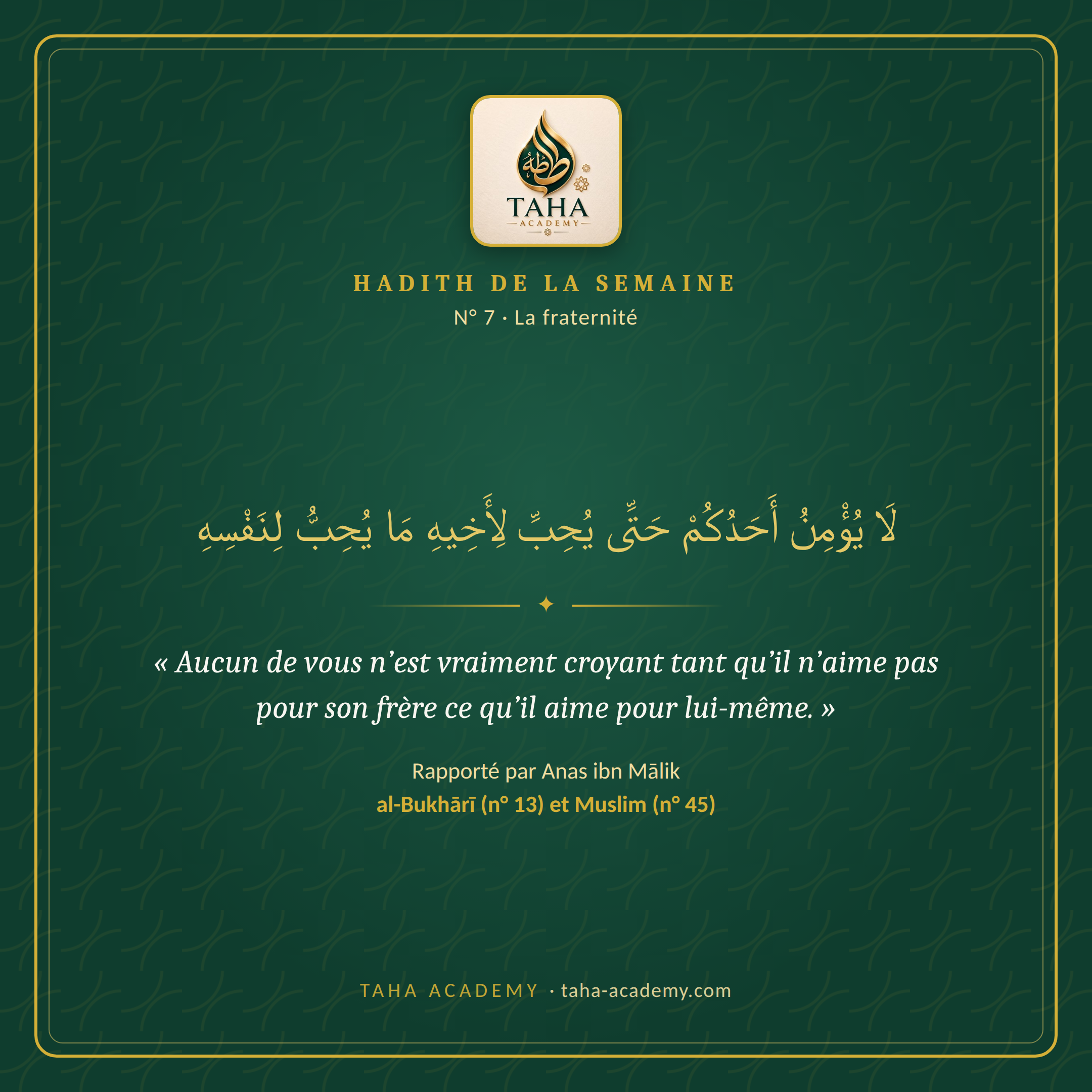 Hadith de la semaine n° 7 : La fraternité